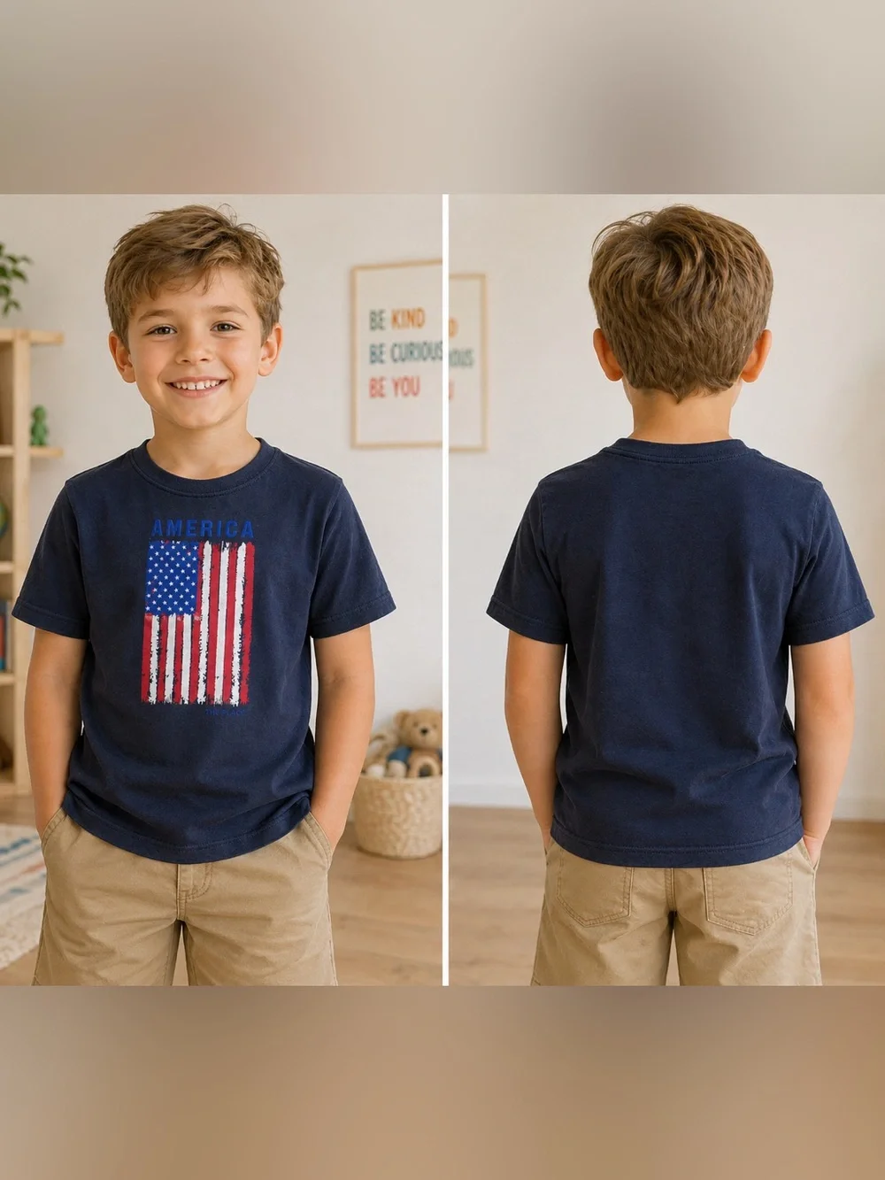 The Children's Place Navy Patriotic USA Flag Short Sleeve Tee Shirt-Size Medium